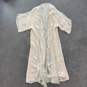 Vintage Y2k Boho Lace Prairie Cream Rose Flare Sleeve Long Duster Women's Small